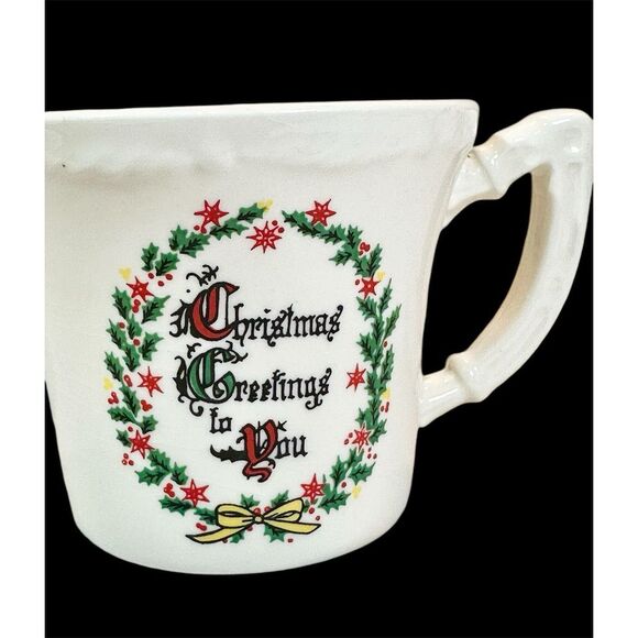 Vintage Christmas Greetings to you, pottery mug, 1940s, set of two (2) - Picture 2 of 11
